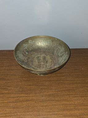 Vintage Chinese Footed Brass Singing Bowl Dragon Etching